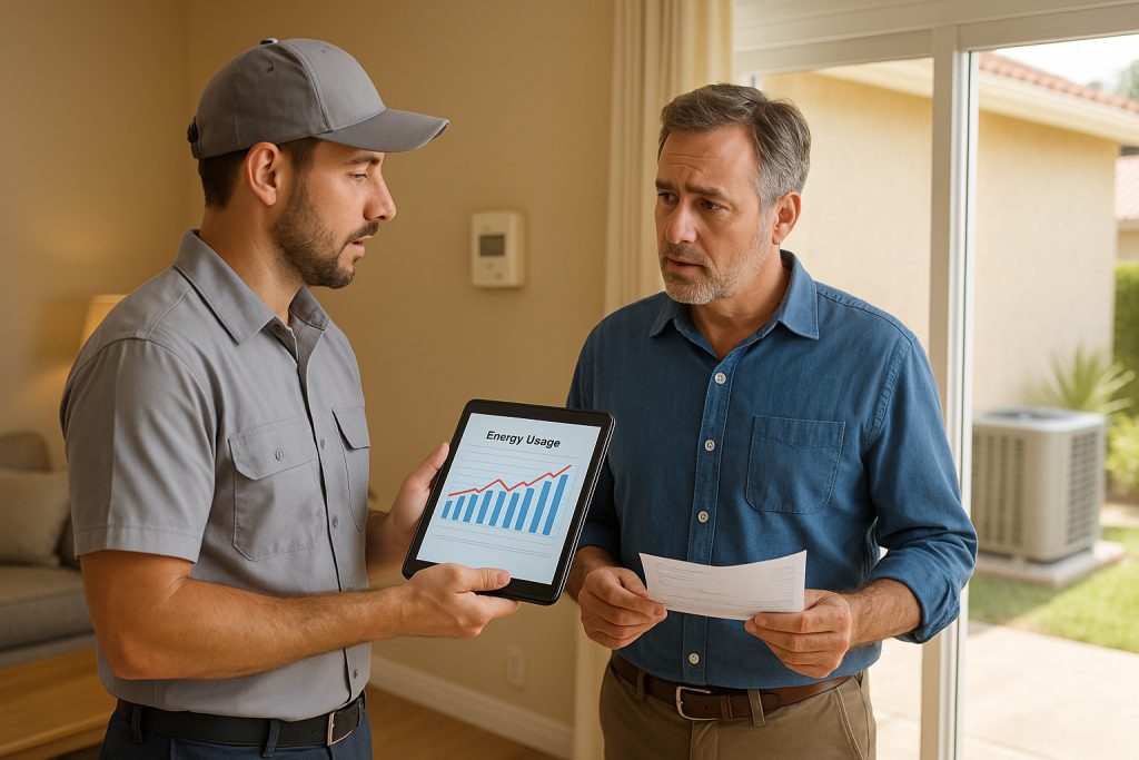 Homeowner reviewing rising bills with HVAC technician in Simi Valley living room
