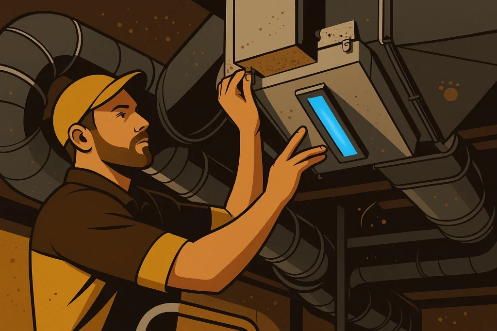 An HVAC tech working on a whole-home purifier near ductwork with visible dust and pet dander needing filtration