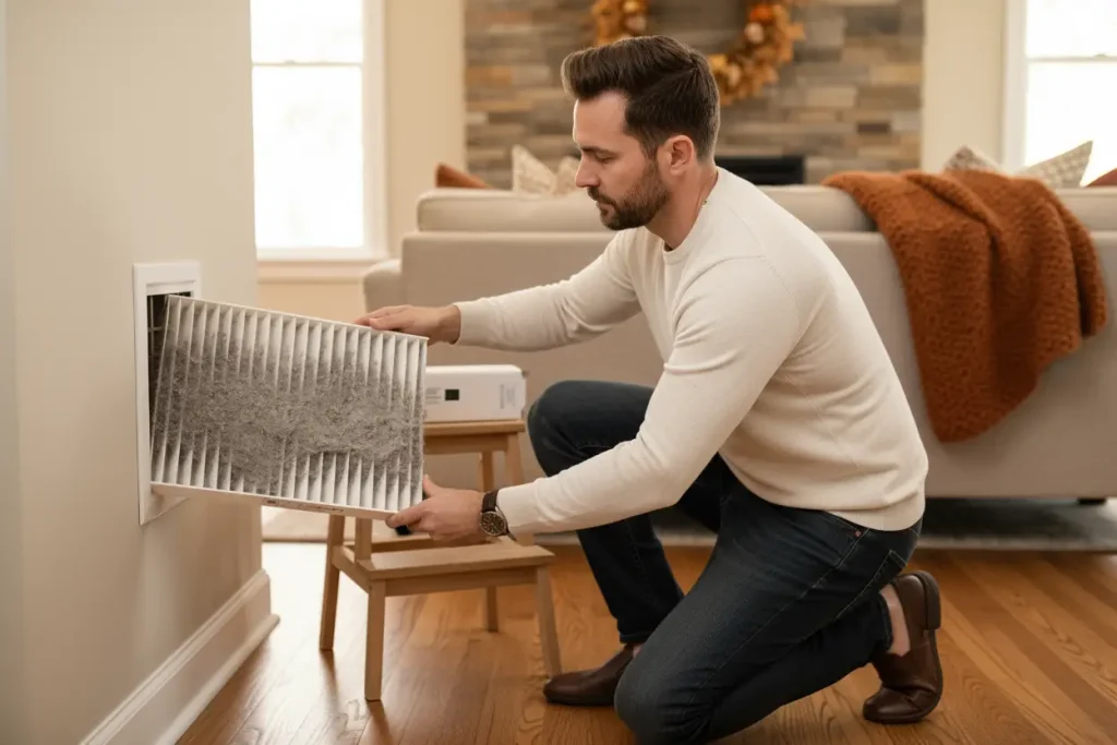 Homeowner removing a dirty air filter from a wall return grille during fall HVAC maintenance.