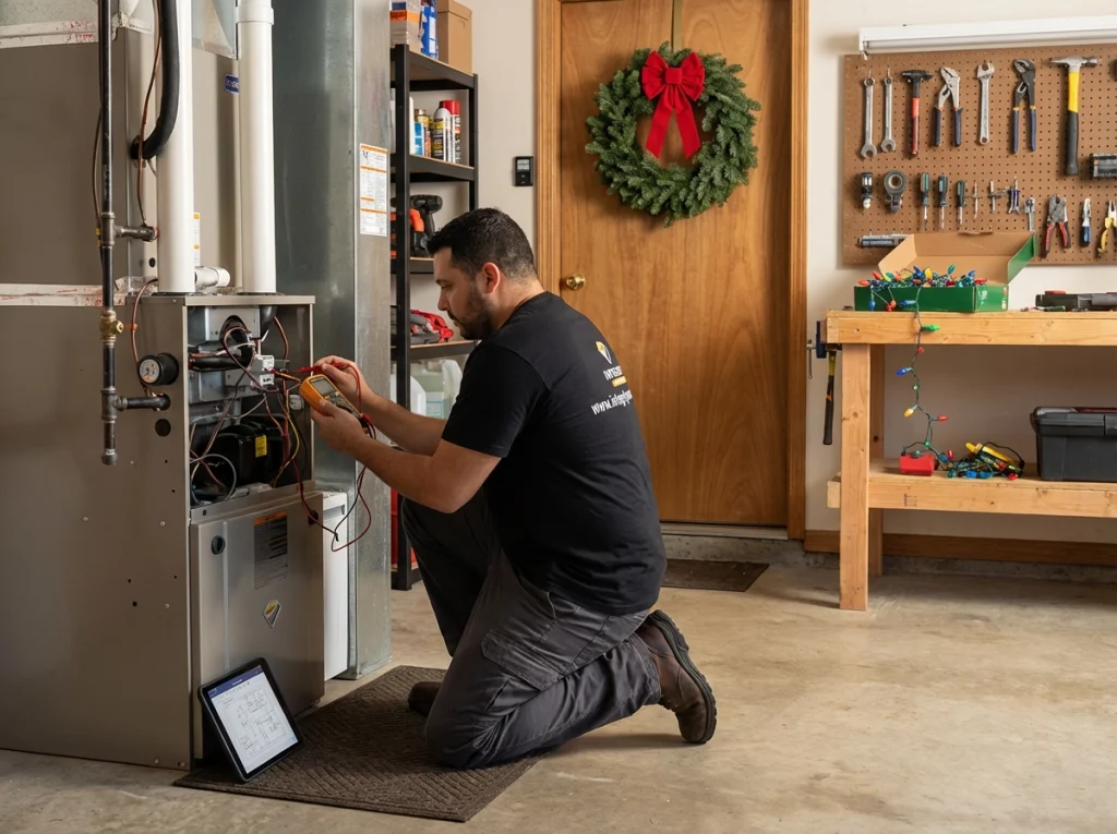HVAC technician performing seasonal maintenance on a home furnace to prevent holiday heating issues.