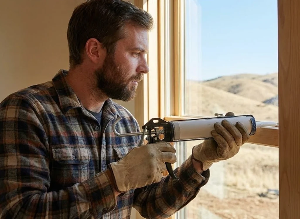 A homeowner sealing his windows for air leaks.
