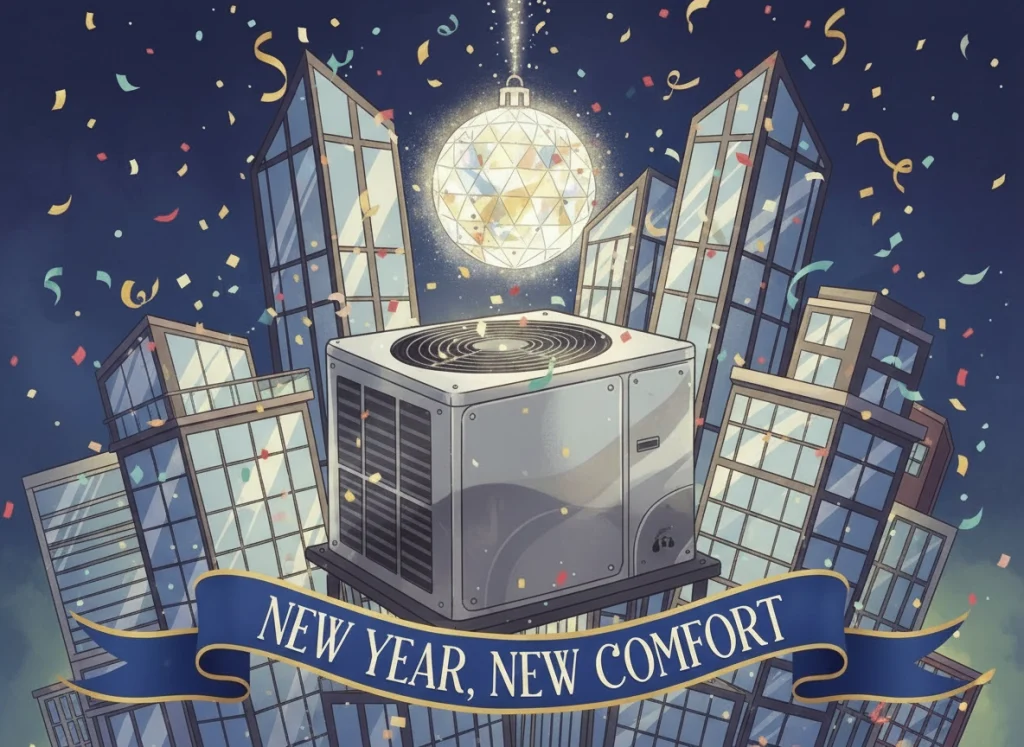 llustration of HVAC unit and city skyline with New Year’s ball drop celebrating upgrade
