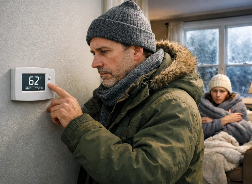 Homeowner adjusting thermostat while rooms remain cold, indicating uneven heating problems.