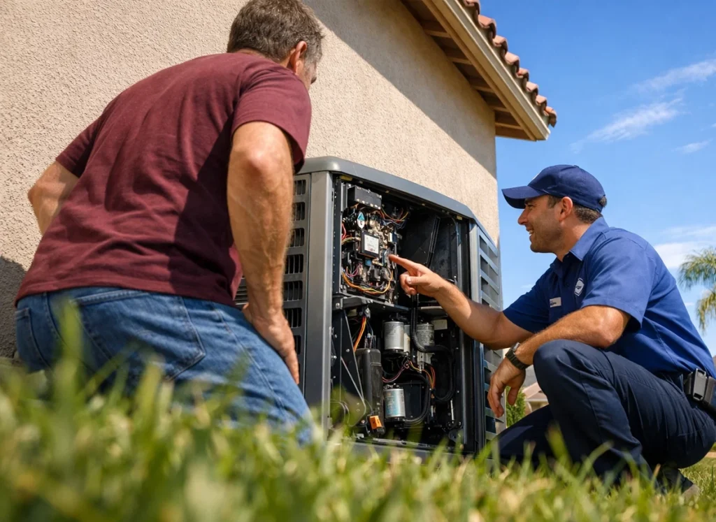 A homeowner watching an HVAC technician service an AC condenser unit