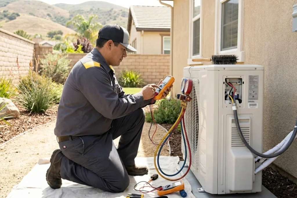 HVAC technician performing preventive maintenance in Simi Valley home