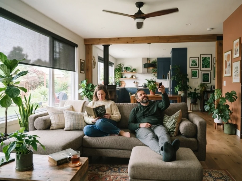 Homeowner and his wife, relaxing on the couch in the living room while using a ceiling fan.