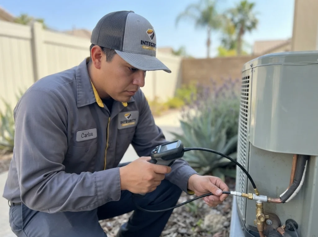 HVAC technician checking for a refrigerant leak on a Simi Valley air conditioner