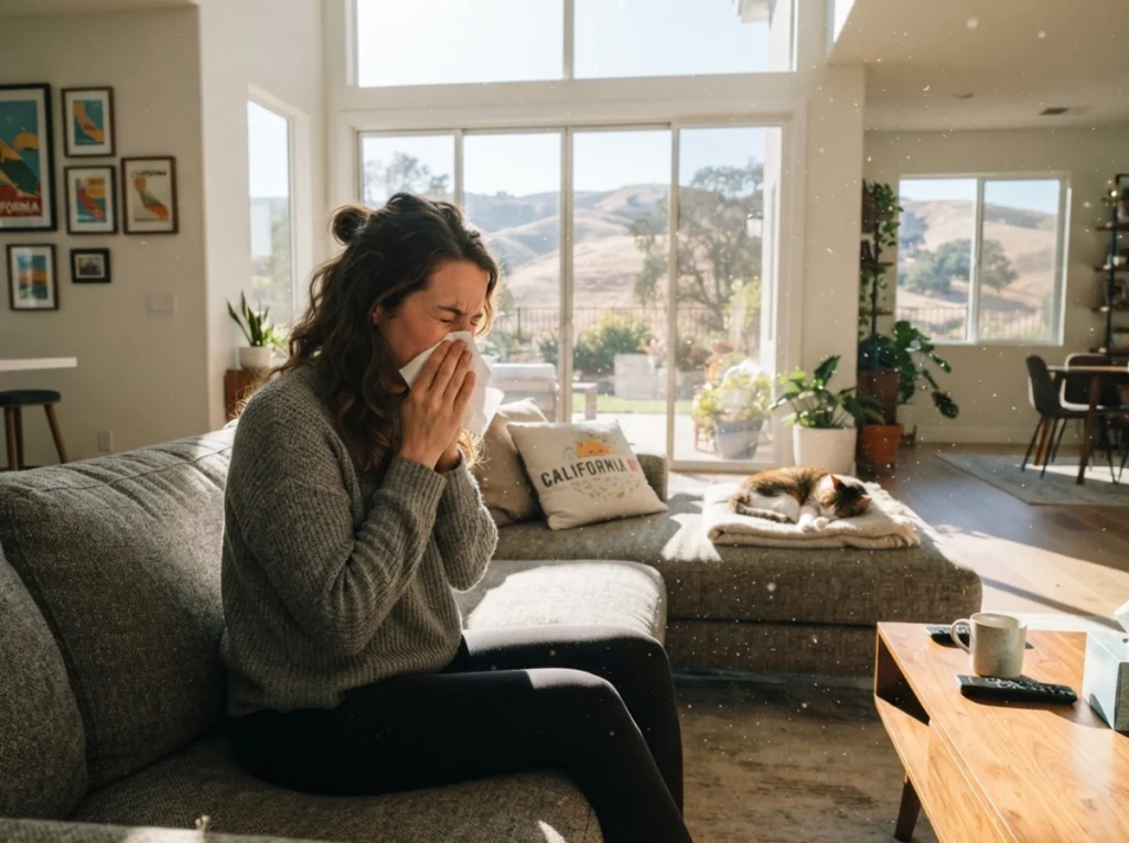A women sneezing in her living room due to allergens.