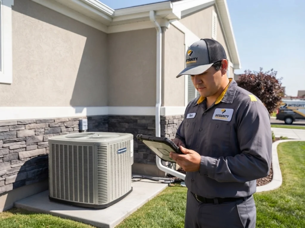 HVAC technician reviewing tablet next to outdoor AC unit at a home