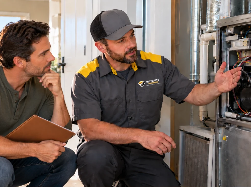 Simi Valley homeowner discussing honest HVAC options with technician